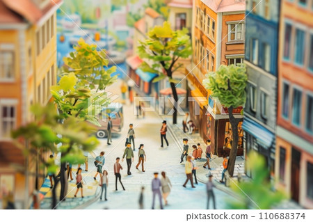 Watercolor painting of crowd of people walking in urban city. 110688374