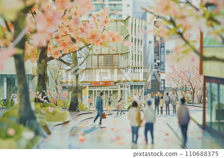 Watercolor painting of crowd of people walking in urban city. 110688375