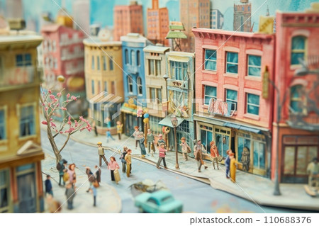 Watercolor painting of crowd of people walking in urban city. 110688376
