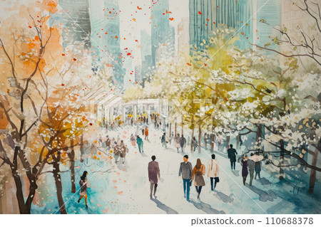 Watercolor painting of crowd of people walking in urban city. Watercolor painting of crowd of people walking in urban city. 110688378
