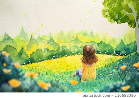 Cute watercolor paniting of a little girl in nature background. Cute watercolor paniting of a little girl in nature background. 110688380