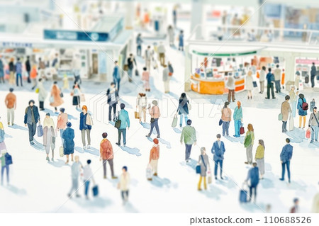 Watercolor painting of Crowd of people in shopping mall. 110688526