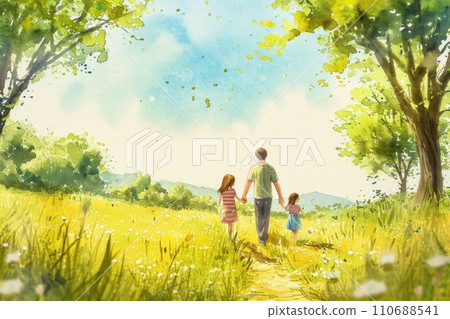 Watercolor paint of Happy family walk together on nature background. Watercolor paint of Happy family walk together on nature background. 110688541