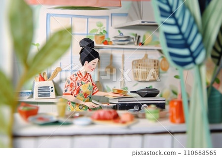 Cute watercolor painting of woman do homemade cooking cozy home. Cute watercolor painting of woman do homemade cooking cozy home. 110688565