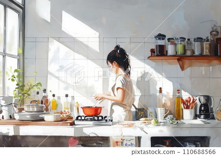 Cute watercolor painting of woman do homemade cooking cozy home. Cute watercolor painting of woman do homemade cooking cozy home. 110688566