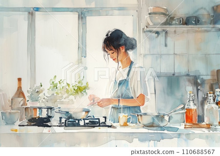 Cute watercolor painting of woman do homemade cooking cozy home. Cute watercolor painting of woman do homemade cooking cozy home. 110688567