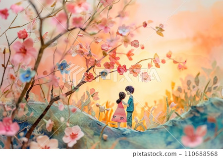 Cute watercolor paint of love couple on a date in spring. Cute watercolor paint of love couple on a date in spring. 110688568