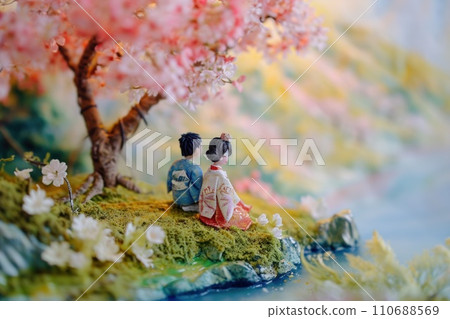 Cute watercolor paint of love couple on a date in spring. 110688569