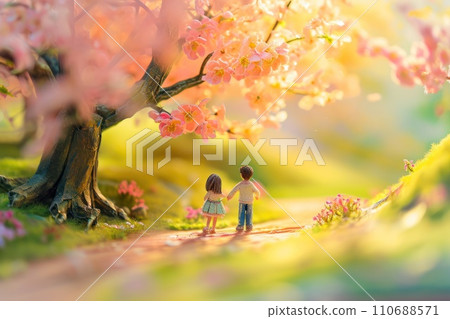 Cute watercolor paint of love couple on a date in spring. Cute watercolor paint of love couple on a date in spring. 110688571
