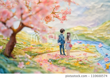 Cute watercolor paint of love couple on a date in spring. 110688574