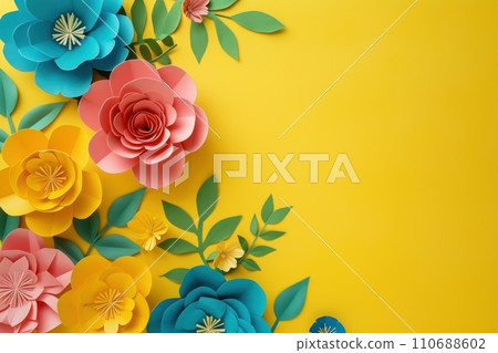 Top view of colorful paper cut flowers on colorful background with copy space. Top view of colorful paper cut flowers on colorful background with copy space. 110688602