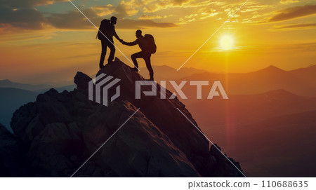 一位富有冒險精神的登山者在日出時到達山頂。透過團隊合作克服困難的形象。人工智慧影像 一位富有冒險精神的登山者在日出時到達山頂。透過團隊合作克服困難的形象。人工智慧影像 110688635