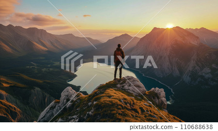 An adventurous mountaineer reaches the summit at sunrise. An image of overcoming a difficult situation through teamwork. AI image 110688638