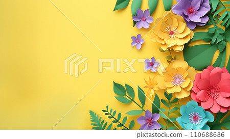 Top view of colorful paper cut flowers on colorful background with copy space. Top view of colorful paper cut flowers on colorful background with copy space. 110688686