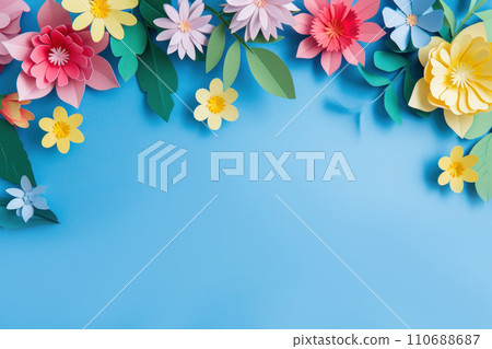 Top view of colorful paper cut flowers on colorful background with copy space. 110688687
