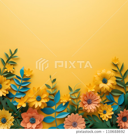 Top view of colorful paper cut flowers on colorful background with copy space. Top view of colorful paper cut flowers on colorful background with copy space. 110688692