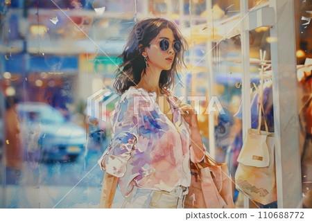Cute watercolor painting of woman shopping in town. 110688772