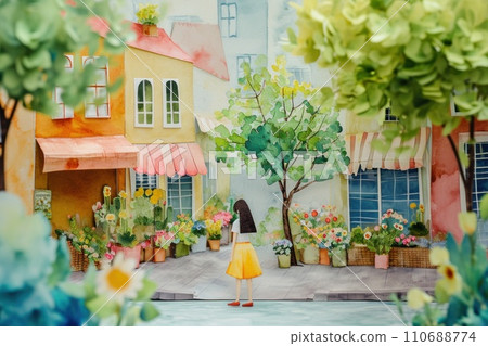 Cute watercolor painting of woman shopping in town. Cute watercolor painting of woman shopping in town. 110688774