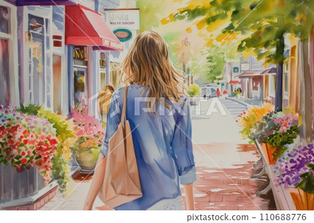 Cute watercolor painting of woman shopping in town. Cute watercolor painting of woman shopping in town. 110688776