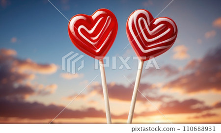 Two red heart shaped lollipops against the background of the sunset sky. Love, Valentine's Day. Generative AI      110688931