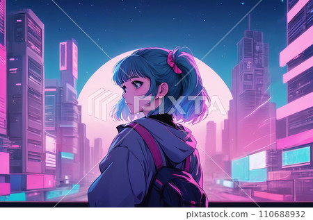 Synthwave Anime Manga Girl: Lofi Wallpaper Design for a Retro Aesthetic Experience. Generative AI. 110688932