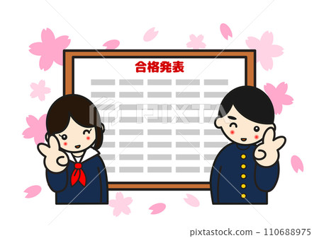 Female and male students are happy to pass the exam and sign a peace sign 110688975