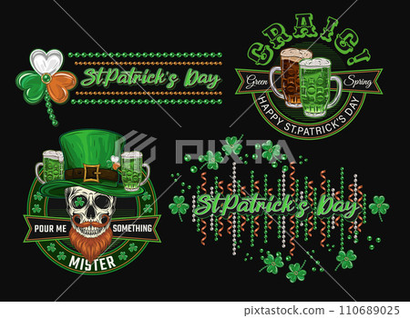 St Patricks Day colorful Labels with holiday objects, text on black background. Skull, beer, bead string, shamrock leaves For clothing, apparel, T-shirts, holiday stuff, goods decoration Vintage style 110689025