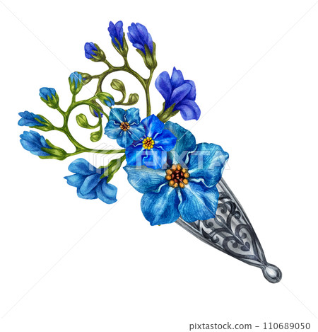 Watercolor bouquet of blue forget-me-not as vignette in a silver boutonniere for Easter, wedding bouquets, Mother's Day, Father's Day, Valentine's Day, birthday, spring and summer bouquets. 110689050