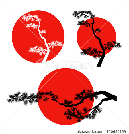 red sun circle and pine tree branch vector silhouette design set red sun circle and pine tree branch vector silhouette design set 110689169