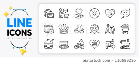 Ice cream, Yummy smile and Map line icons set for app include Sunglasses, Wedding glasses, Shopping trolley outline thin icon. Message, Bike path, Buyer think pictogram icon. Cake. Vector Ice cream, Yummy smile and Map line icons set for app include Sunglasses, Wedding glasses, Shopping trolley outline thin icon. Message, Bike path, Buyer think pictogram icon. Cake. Vector 110689250