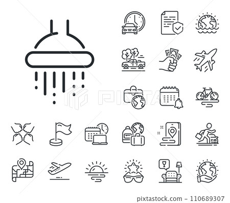 Bathroom sign. Plane jet, travel map and baggage claim outline icons. Shower line icon. Hotel service symbol. Shower line sign. Car rental, taxi transport icon. Place location. Airport lounge. Vector Bathroom sign. Plane jet, travel map and baggage claim outline icons. Shower line icon. Hotel service symbol. Shower line sign. Car rental, taxi transport icon. Place location. Airport lounge. Vector 110689307