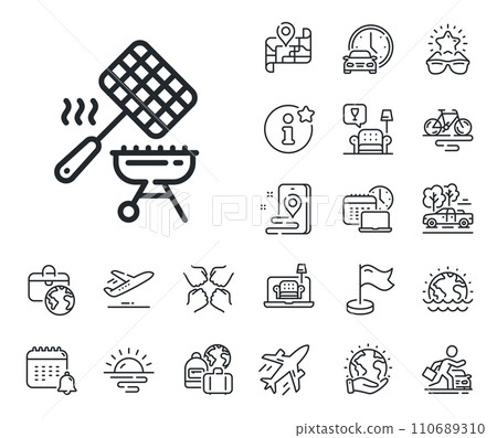 Barbecue cooker sign. Plane jet, travel map and baggage claim outline icons. Grill basket line icon. Meat brazier utensils symbol. Grill basket line sign. Car rental, taxi transport icon. Vector Barbecue cooker sign. Plane jet, travel map and baggage claim outline icons. Grill basket line icon. Meat brazier utensils symbol. Grill basket line sign. Car rental, taxi transport icon. Vector 110689310