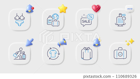 Travel delay, Change clothes and Hoody line icons. Buttons with 3d bell, chat speech, cursor. Pack of Baggage scales, Carry-on baggage, Discounts bubble icon. Lingerie pictogram. Vector Travel delay, Change clothes and Hoody line icons. Buttons with 3d bell, chat speech, cursor. Pack of Baggage scales, Carry-on baggage, Discounts bubble icon. Lingerie pictogram. Vector 110689326