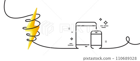 Mobile Devices icon. Continuous one line with curl. Smartphone and Tablet PC signs. Touchscreen gadget symbols. Mobile devices single outline ribbon. Loop curve with energy. Vector Mobile Devices icon. Continuous one line with curl. Smartphone and Tablet PC signs. Touchscreen gadget symbols. Mobile devices single outline ribbon. Loop curve with energy. Vector 110689328