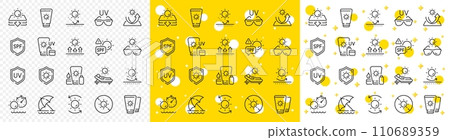Sunscreen, beach lounger and umbrella set. Sun protection line icons. Summer sunbed, sunblock cream and uv sunglasses line icons. Spf protection, skin care lotion and beach sunscreen. Vector Sunscreen, beach lounger and umbrella set. Sun protection line icons. Summer sunbed, sunblock cream and uv sunglasses line icons. Spf protection, skin care lotion and beach sunscreen. Vector 110689359