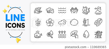 Evaporation, Safe water and Leaf dew line icons set for app include Lightweight, Fish dish, Waves outline thin icon. Vegetables cart, Natural linen, Water analysis pictogram icon. Vector Evaporation, Safe water and Leaf dew line icons set for app include Lightweight, Fish dish, Waves outline thin icon. Vegetables cart, Natural linen, Water analysis pictogram icon. Vector 110689365