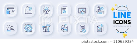 Presentation time, Petrol station and Painter line icons for web app. Pack of Tax documents, Loyalty program, Wrong file pictogram icons. Computer fan, Start presentation. Neumorphic buttons. Vector 110689384