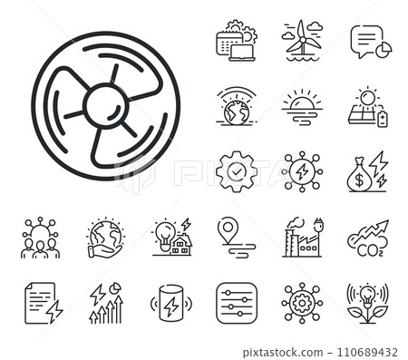 Wind turbine energy sign. Energy, Co2 exhaust and solar panel outline icons. Air fan line icon. Ventilation rotor symbol. Air fan line sign. Eco electric or wind power icon. Green planet. Vector Wind turbine energy sign. Energy, Co2 exhaust and solar panel outline icons. Air fan line icon. Ventilation rotor symbol. Air fan line sign. Eco electric or wind power icon. Green planet. Vector 110689432