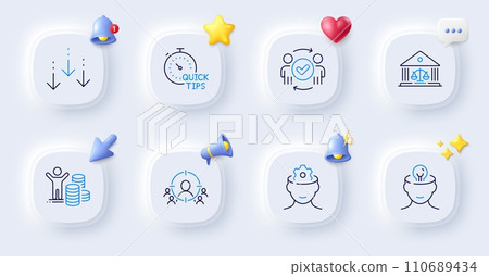 Budget profit, Court building and Brain working line icons. Buttons with 3d bell, chat speech, cursor. Pack of Scroll down, Mental health, Business targeting icon. Vector Budget profit, Court building and Brain working line icons. Buttons with 3d bell, chat speech, cursor. Pack of Scroll down, Mental health, Business targeting icon. Vector 110689434