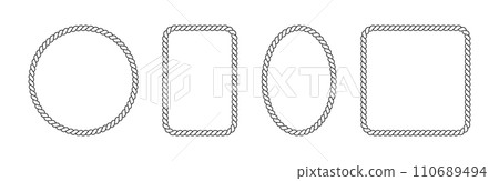 Braided rope frames. Collection of borders in the shape of square, circle and oval. Vector pack of thin and thick elements isolated on a white background. 110689494