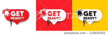 Get ready tag. Speech bubbles with bell and woman silhouette. Special offer sign. Advertising discounts symbol. Get ready chat speech message. Woman with megaphone. Vector Get ready tag. Speech bubbles with bell and woman silhouette. Special offer sign. Advertising discounts symbol. Get ready chat speech message. Woman with megaphone. Vector 110689562