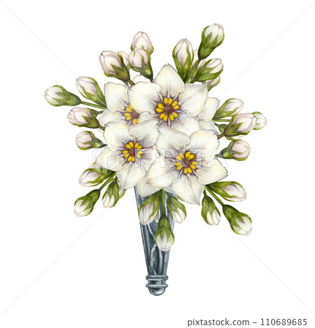 Watercolor bouquets of white forget-me-nots as vignettes in a silver boutonniere for Easter, wedding bouquets, Mother's Day, Father's Day, Valentine's Day, birthday, spring and summer bouquets. 110689685
