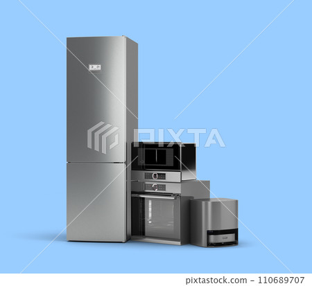 Modern new built in kitchen appliances 3d render on blue 110689707