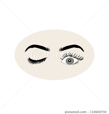 Female eyes icon with eye brows. Illustration of woman's sexy luxurious eye with perfectly shaped eyebrows and full lashes. Hand-drawn Idea 110689730
