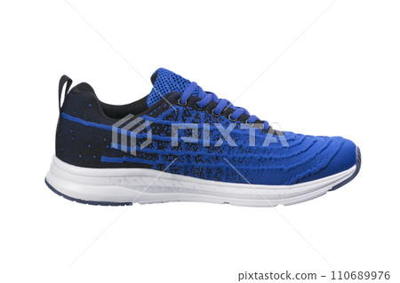 Sport shoes. Blue sneaker made of fabric with a white sole. Sport shoes. Blue sneaker made of fabric with a white sole. 110689976