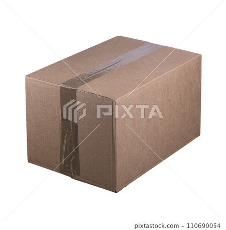 Cardboard box on a white background. Box packed and sealed with tape. Container for transportation of goods. Cardboard box on a white background. Box packed and sealed with tape. Container for transportation of goods. 110690054