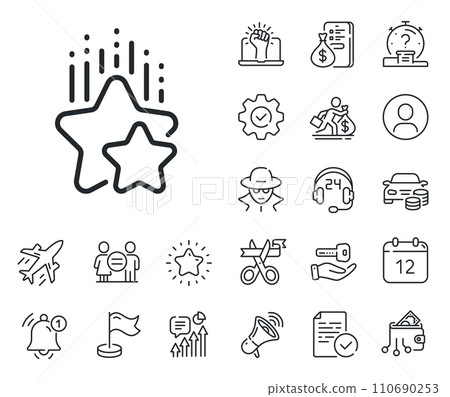 Star rating sign. Salaryman, gender equality and alert bell outline icons. Ranking stars line icon. Best rank symbol. Ranking stars line sign. Spy or profile placeholder icon. Vector 110690253