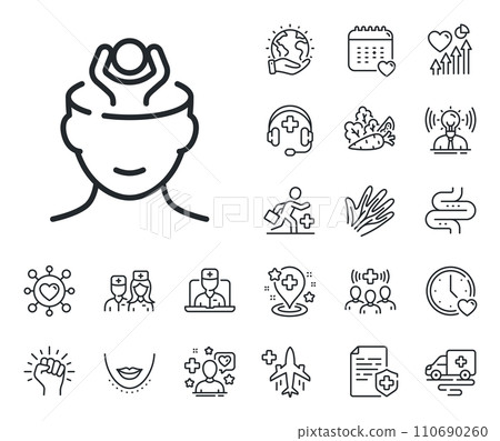 Anxiety or Think worry sign. Online doctor, patient and medicine outline icons. Stress line icon. Mental health symbol. Stress line sign. Veins, nerves and cosmetic procedure icon. Intestine. Vector 110690260