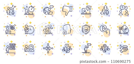 Outline set of Timer, Delivery man and Sleep line icons for web app. Include Video conference, Dislike hand, Teamwork question pictogram icons. Online tax, Inclusion, Bitcoin pay signs. Vector Outline set of Timer, Delivery man and Sleep line icons for web app. Include Video conference, Dislike hand, Teamwork question pictogram icons. Online tax, Inclusion, Bitcoin pay signs. Vector 110690275