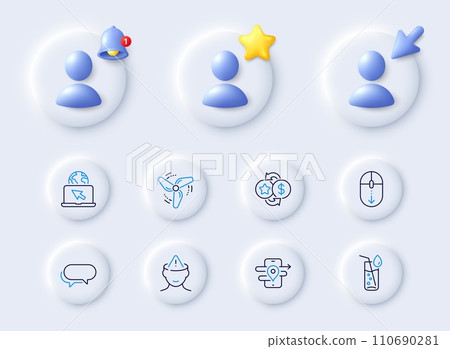 Water glass, Messenger and Loyalty points line icons. Placeholder with 3d cursor, bell, star. Pack of Scroll down, Gps, Internet icon. Mental health, Wind energy pictogram. Vector 110690281